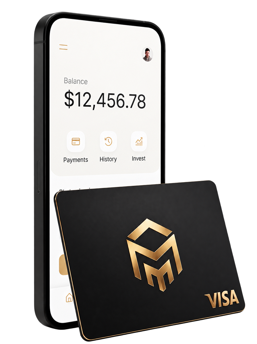 Aplicación MM Fintech en el móvil con un saldo de 12.456,78 dólares y la tarjeta Visa negra delante